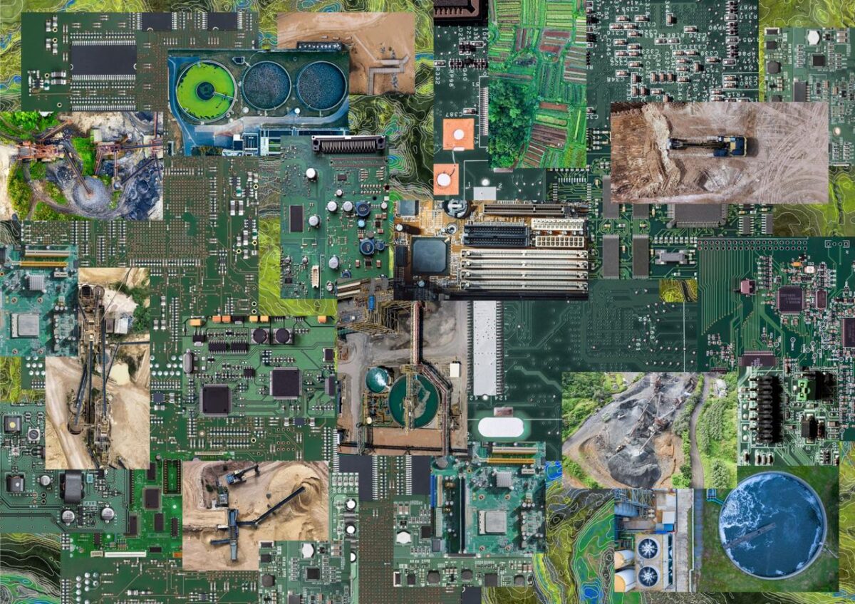 Un collage de circuits imprimés entremêlés de photographies aériennes d'installations de traitement de l'eau, de terres agricoles, de sites industriels et d'équipement minier.